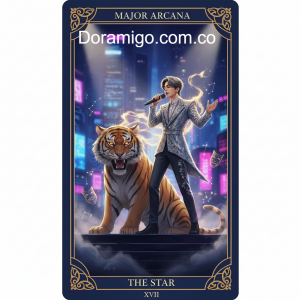 Ilustración de tarot de un idol de K-pop cantando apasionadamente en un escenario de Seúl, con un Tigre imponente a su lado.