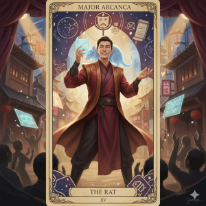 representacion grafica estilo tarot de una persona nacida bajo el signo de la rata según el horóscopo chino