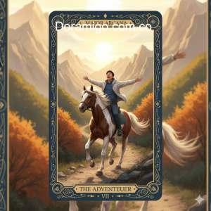 Ilustración de tarot de un joven excursionista coreano riendo con alegría mientras galopa a lomos de un Caballo enérgico por un sendero de montaña.