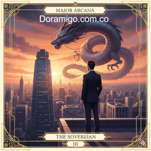 Ilustración de tarot de un Dragón Oriental mítico sobrevolando a un CEO coreano que mira el horizonte desde una azotea en Seúl.