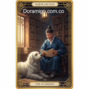 Ilustración de tarot de un perro Sapsal leal descansando a los pies de un erudito coreano anciano que lee un pergamino en una biblioteca.