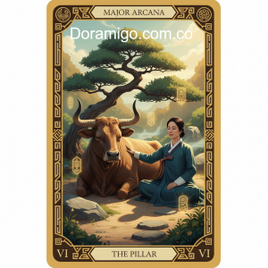 Ilustración de tarot de una actriz coreana con hanbok moderno meditando con calma junto a un Buey majestuoso en un jardín zen.